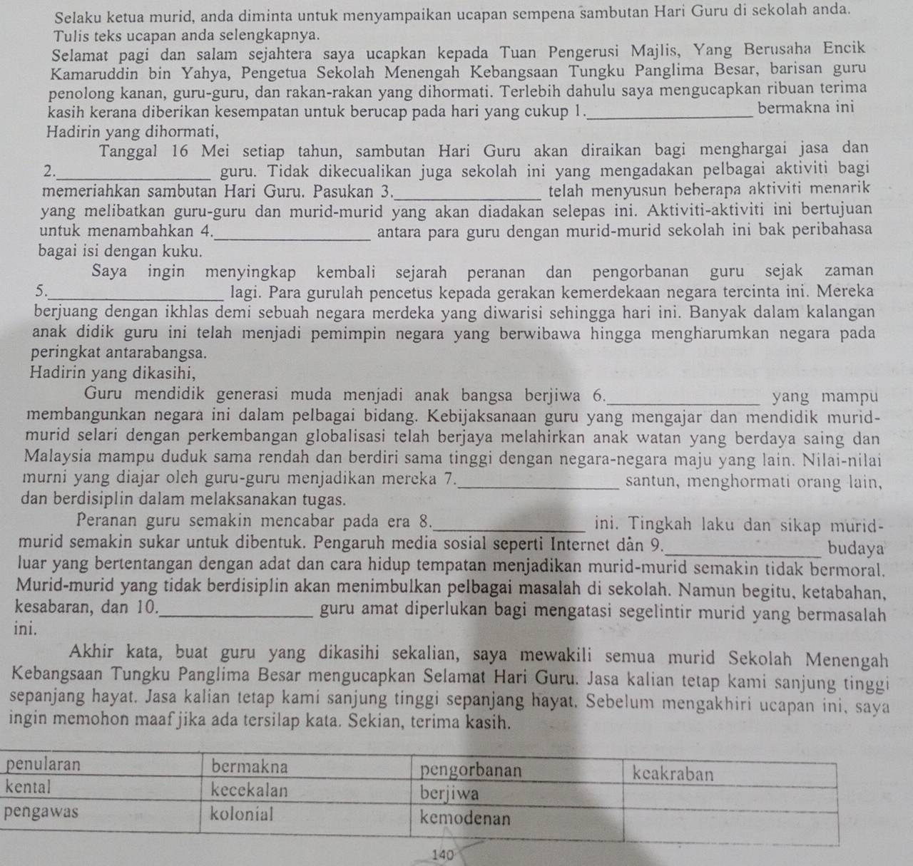 Selaku ketua murid, anda diminta untuk menyampaikan ucapan sempena sambutan Hari Guru di sekolah anda.
Tulis teks ucapan anda selengkapnya.
Selamat pagi dan salam sejahtera saya ucapkan kepada Tuan Pengerusi Majlis, Yang Berusaha Encik
Kamaruddin bin Yahya, Pengetua Sekolah Menengah Kebangsaan Tungku Panglima Besar, barisan guru
penolong kanan, guru-guru, dan rakan-rakan yang dihormati. Terlebih dahulu saya mengucapkan ribuan terima
kasih kerana diberikan kesempatan untuk berucap pada hari yang cukup 1. _bermakna ini
Hadirin yang dihormati,
Tanggal 16 Mei setiap tahun, sambutan Hari Guru akan diraikan bagi menghargai jasa dan
2._ guru. Tidak dikecualikan juga sekolah ini yang mengadakan pelbagai aktiviti bagi
_
memeriahkan sambutan Hari Guru. Pasukan 3. telah menyusun beberapa aktiviti menarik 
yang melibatkan guru-guru dan murid-murid yang akan diadakan selepas ini. Aktiviti-aktiviti ini bertujuan
untuk menambahkan 4._ antara para guru dengan murid-murid sekolah ini bak peribahasa
bagai isi dengan kuku.
Saya ingin menyingkap kembali sejarah peranan dan pengorbanan guru sejak zaman
5._ lagi. Para gurulah pencetus kepada gerakan kemerdekaan negara tercinta ini. Mereka
berjuang dengan ikhlas demi sebuah negara merdeka yang diwarisi sehingga hari ini. Banyak dalam kalangan
anak didik guru ini telah menjadi pemimpin negara yang berwibawa hingga mengharumkan negara pada
peringkat antarabangsa.
Hadirin yang dikasihi,
Guru mendidik generasi muda menjadi anak bangsa berjiwa 6._ yang mampu
membangunkan negara ini dalam pelbagai bidang. Kebijaksanaan guru yang mengajar dan mendidik murid-
murid selari dengan perkembangan globalisasi telah berjaya melahirkan anak watan yang berdaya saing dan
Malaysia mampu duduk sama rendah dan berdiri sama tinggi dengan negara-negara maju yang lain. Nilai-nilai
murni yang diajar oleh guru-guru menjadikan mereka 7._ santun, menghormati orang lain,
dan berdisiplin dalam melaksanakan tugas.
Peranan guru semakin mencabar pada era 8._ ini. Tingkah laku dan sikap murid-
murid semakin sukar untuk dibentuk. Pengaruh media sosial seperti Internet dân 9._ budaya
luar yang bertentangan dengan adat dan cara hidup tempatan menjadikan murid-murid semakin tidak bermoral.
Murid-murid yang tidak berdisiplin akan menimbulkan pelbagai masalah di sekolah. Namun begitu, ketabahan,
kesabaran, dan 10._ guru amat diperlukan bagi mengatasi segelintir murid yang bermasalah
ini.
Akhir kata, buat guru yang dikasihi sekalian, saya mewakili semua murid Sekolah Menengah
Kebangsaan Tungku Panglima Besar mengucapkan Selamat Hari Guru. Jasa kalian tetap kami sanjung tinggi
sepanjang hayat. Jasa kalian tetap kami sanjung tinggi sepanjang hayat. Sebelum mengakhiri ucapan ini, saya
ingin memohon maaf jika ada tersilap kata. Sekian, terima kasih.
k
p