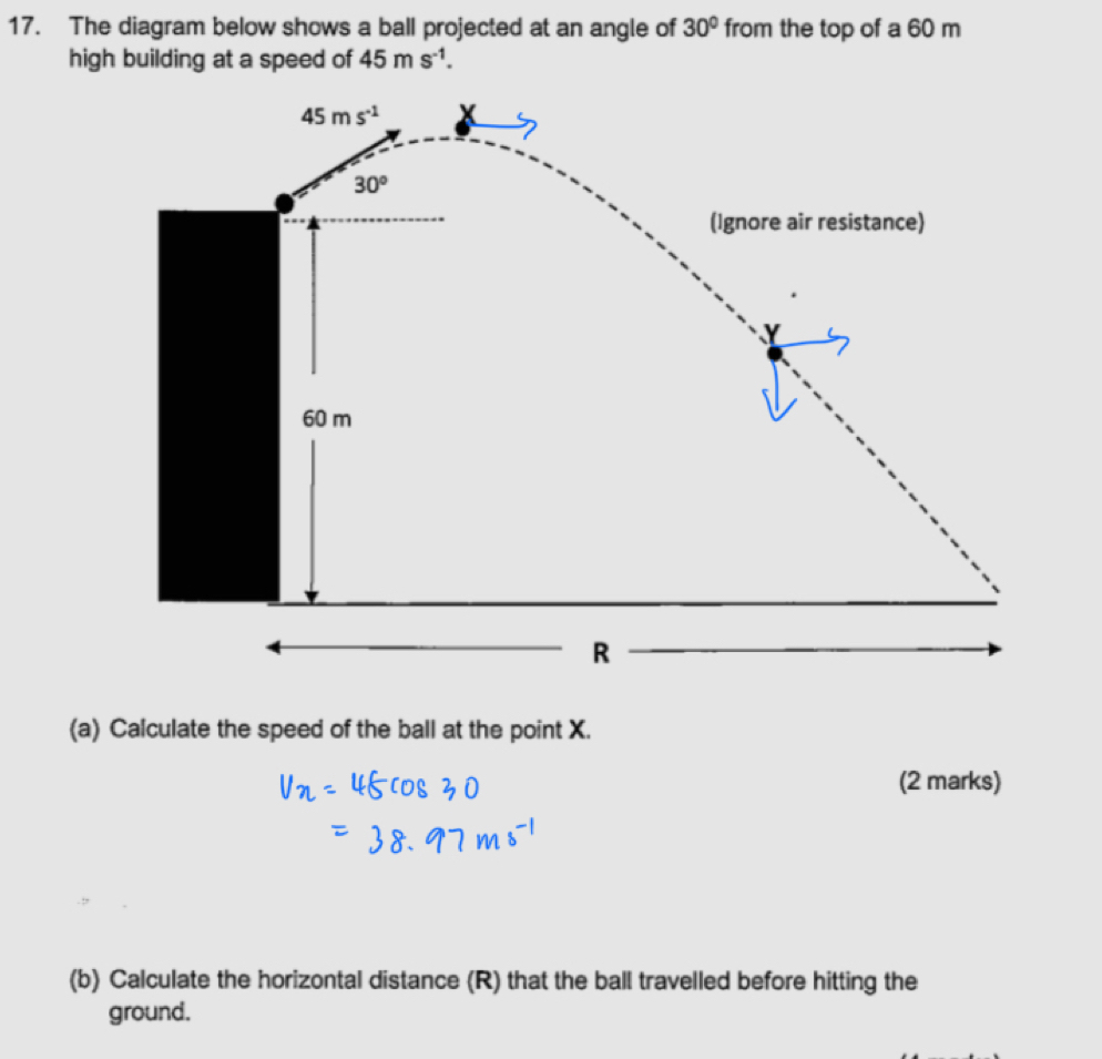 The diagram below shows a ball projected at an angle of 30° from the top of a 60 m
high building at a speed of 45ms^(-1).
45ms^(-1) x
30°
(Ignore air resistance)
60 m
R
(a) Calculate the speed of the ball at the point X. 
(2 marks) 
(b) Calculate the horizontal distance (R) that the ball travelled before hitting the 
ground.