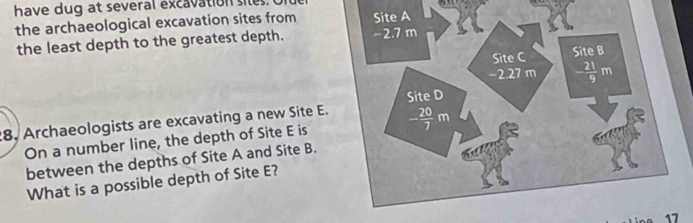 have dug at several excavation sie 
the archaeological excavation sites from
the least depth to the greatest depth.
8. Archaeologists are excavating a new Site E
On a number line, the depth of Site E is
between the depths of Site A and Site B.
What is a possible depth of Site E?
7