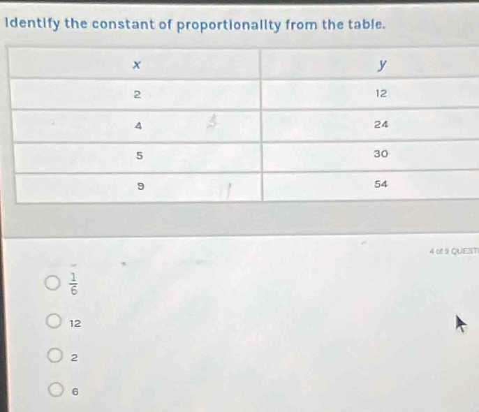 1dentify the constant of proportionality from the table.
4 of 9 QUEST
 1/6 
12
2
6