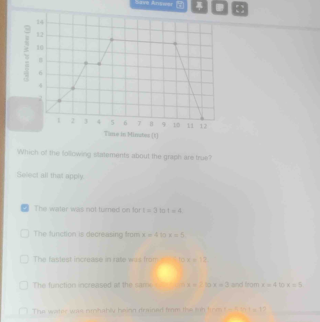 Save Answer 
14
12
ξ 10
8
6
4
2
1 2 3 4 5 6 7 8 9 10 11 12
Time in Minutes (t)
Which of the following statements about the graph are true?
Select all that apply.
The water was not turned on for t=3 to t=4.
The function is decreasing from x=4 to x=5.
The fastest increase in rate was from s to x=12.
The function increased at the same t tom x=2 to x=3 and from x=4 to x=5.
The water was probably being drained from the tub from t=5ln t=1