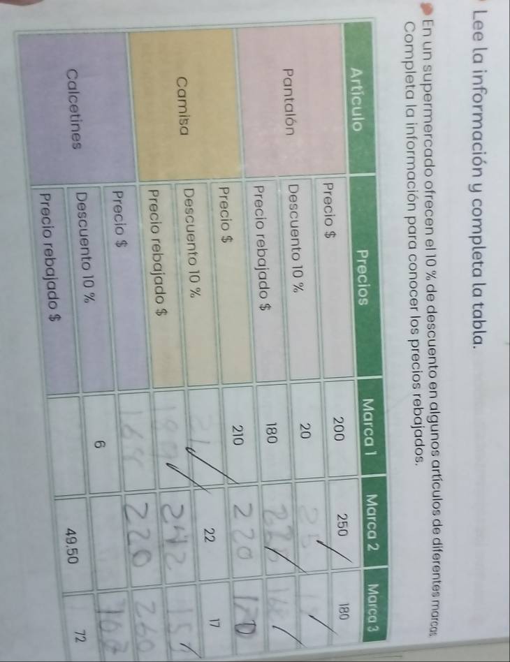 Lee la información y completa la tabla. 
En un supermercado ofrecen el 10 % de descuento en algunos artículos de diferentes marcas 
Completa la información para conocer los precios rebajados. 
2