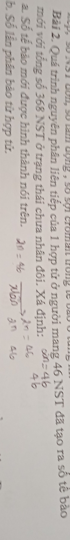 so rsr con , so lam dong , so sot croman frong to 
Bài 2. Quá trình nguyên phân liên tiếp của 1 hợp tử ở người mang 46 NST đã tạo ra số tế bào 
với với tổng số 368 NST ở trạng thái chưa nhân đôi. Xá định: 
a. Số tế bào mới được hình thành nói trên. 
b. Số lần phân bào từ hợp tử.