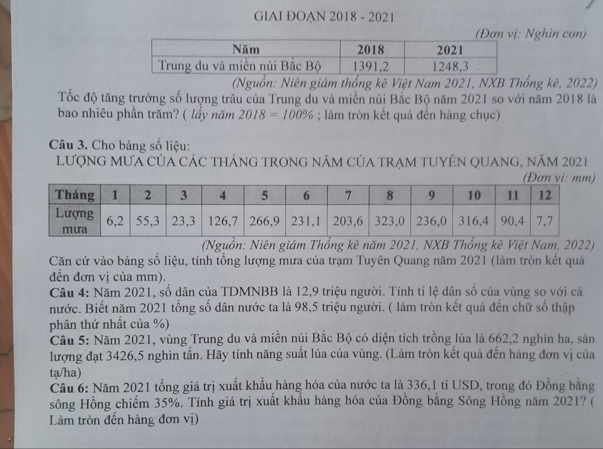 GIAI ĐOẠN 2018 - 2021 
Nghìn con) 
(Nguồn: Niên giám thống kê Việt Nam 2021, NXB Thống kê, 2022) 
Tốc độ tăng trưởng số lượng trâu của Trung du và miền núi Bắc Bộ năm 2021 so với năm 2018 là 
bao nhiêu phần trăm? ( lầy năm 2018=100%; làm tròn kết quả đến hàng chục) 
Câu 3. Cho bảng số liệu: 
lượnG MưA Của CáC tháng trOng năm của trẠm tUyÊN QUang, năm 2021 
(Nguồn: Niên giám Thống kê năm 2021, NXB Thống kê Việt Nam, 2022) 
Căn cứ vào bảng số liệu, tính tổng lượng mưa của trạm Tuyên Quang năm 2021 (làm tròn kết quả 
đến đơn vị của mm). 
Câu 4: Năm 2021, số dân của TDMNBB là 12, 9 triệu người. Tính tỉ lệ dân số của vùng so với cả 
nước. Biết năm 2021 tổng số dân nước ta là 98, 5 triệu người. ( làm tròn kết quả đến chữ số thập 
phân thứ nhất của %) 
Câu 5: Năm 2021, vùng Trung du và miền núi Bắc Bộ có diện tích trồng lúa là 662, 2 nghìn ha, sản 
lượng đạt 3426, 5 nghìn tấn. Hãy tính năng suất lúa của vùng. (Làm tròn kết quả đến hàng đơn vị của 
tạ/ha) 
Câu 6: Năm 2021 tổng giá trị xuất khẩu hàng hóa của nước ta là 336,1 tỉ USD, trong đó Đồng bằng 
sông Hồng chiếm 35%. Tính giá trị xuất khẩu hàng hóa của Đồng bằng Sông Hồng năm 2021? ( 
Làm tròn đến hàng đơn vị)