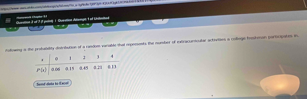 Homework Chapter 5.1
Question 2 of 7 (1 point) | Question Attempt: 1 of Unlimited
Following is the probability distribution of a random variable that represents the number of extracurricular activities a college freshman participates in.
Send data to Excel