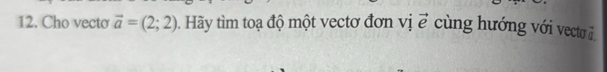 Cho vecto vector a=(2;2). Hãy tìm toạ độ một vectơ đơn vị vector e cùng hướng với vecto i.