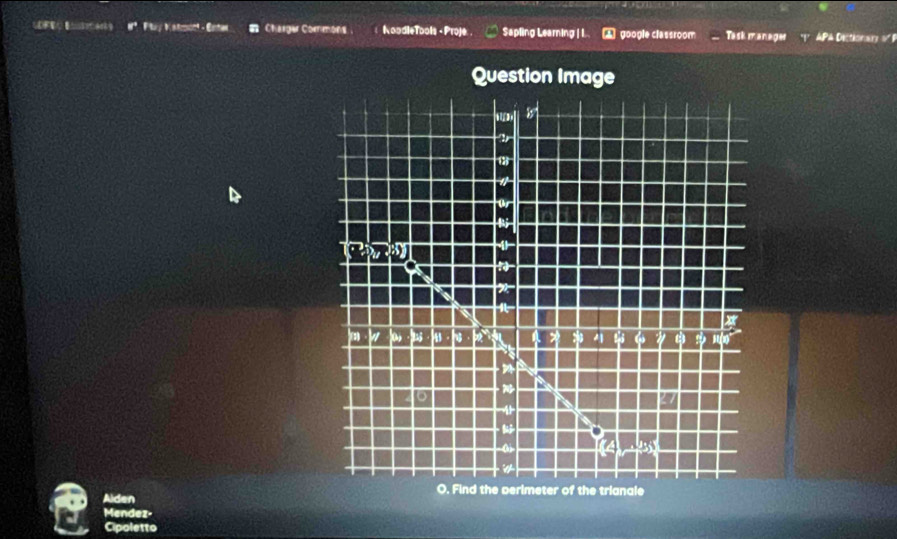 #* Ply Katmcn - Entar Charger Cormons NoodleTools - Proje Sapling Learning | I google classroom Task manager APA Dictionary of 1
Question Image
eter of the trianale
Aiden
Mendez-
Cipoletto