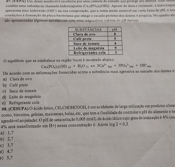 (UEPA) Um dente saudável é recoberto por uma camada de esmalte que protege seu interior. Esse esmar
contém uma substância chamada hidroxiapatita (Ca_5(PO_4)_3(OH)). Apesar de dura e resistente, a hidroxiapat
apresenta ions hidróxido (OH') na sua composição, que a torna muito sensível em certa faixa de pH, e nes
condições à formação da placa bacteriana que atinge o escudo protetor dos dentes é propícia. No quadro aba
são apresentadas algumas substâncias com seus respectivos valores de pH típicos:
O equilíbrio que se estabelece na região bucal é mostrado abaixo:
Ca_5(PO_4)_3(OH)_(s)+H_2O_(l)rightarrow 5Ca^(2+)_(aq)+3PO_4^((3-)(aq)+OH^-)_(aq)
De acordo com as informações fornecidas acima a substância mais agressiva ao esmalte dos dentes é:
a) Clara de ovo
b) Café preto
c) Suco de tomate
d) Leite de magnésia
e) Refrigerante cola
08. (CESUPA) O ácido lático, CH₃CHOHCOOH, é um acidulante de larga utilização em produtos alime
como, biscoitos, geleias, maioneses, balas, etc, que tem a finalidade de controlar o pH do alimento e to
agradável ao paladar. O pH de uma solução 0,005 mol/L de ácido lático cujo grau de ionização é 4% (ou
4% será transformado em H+) nessa concentração é: Adote log 2=0,3
a) 1,7
b) 2,7
c) 3,7
d) 4,7
e) 5,7