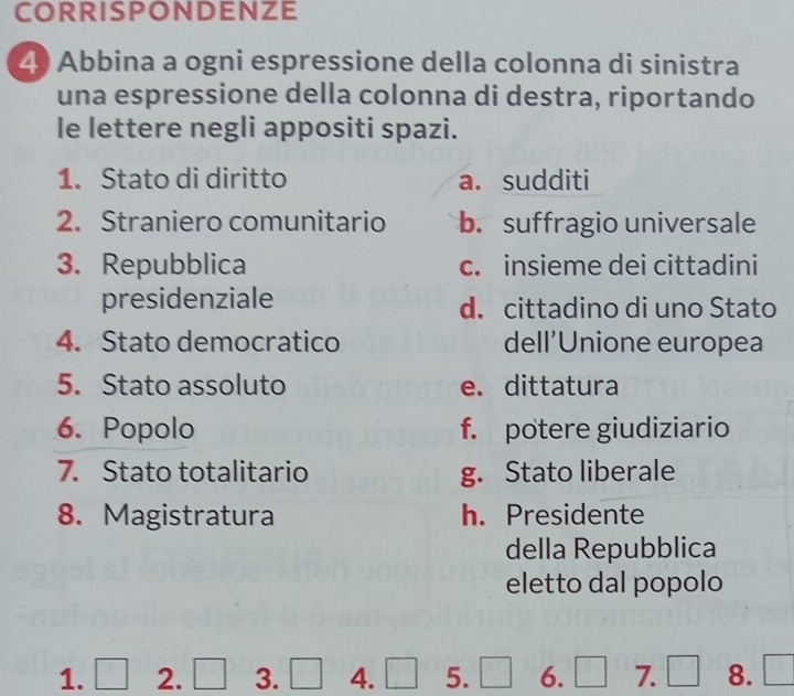 CORRISPONDENZE
4) Abbina a ogni espressione della colonna di sinistra
una espressione della colonna di destra, riportando
le lettere negli appositi spazi.
1. Stato di diritto a. sudditi
2. Straniero comunitario b. suffragio universale
3. Repubblica c. insieme dei cittadini
presidenziale d. cittadino di uno Stato
4. Stato democratico dell’Unione europea
5. Stato assoluto e. dittatura
6. Popolo f. potere giudiziario
7. Stato totalitario g. Stato liberale
8. Magistratura h. Presidente
della Repubblica
eletto dal popolo
1. □ 2. 3. □ 4. □ 5. □ 6. □ 7. □ 8. □