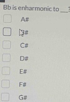 Bb is enharmonic to
_
A#
3#
C#
D#
E#
F#
G#