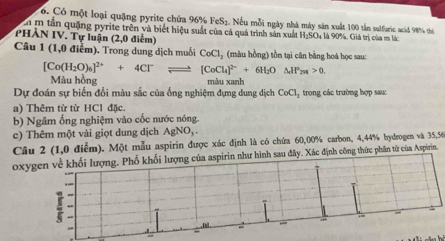 Có một loại quặng pyrite chứa 96% FeS_2. Nếu mỗi ngày nhà máy sản xuất 100 tần sulfuric acid 98% thà 
m tần quặng pyrite trên và biết hiệu suất của cả quá trình sản xuất H_2SO_4 là 90%. Giả trị của m là: 
PHÀN IV. Tự luận (2,0 điểm) 
Câu 1 (1,0 điểm). Trong dung dịch muối CoCl_2 (màu hồng) tồn tại cân bằng hoá học sau:
[Co(H_2O)_6]^2++4Cl^-leftharpoons [CoCl_4]^2-+6H_2O△ _rH°_298>0. 
Màu hồng màu xanh 
Dự đoán sự biến đổi màu sắc của ống nghiệm đựng dung dịch CoCl_2 trong các trường hợp sau: 
a) Thêm từ từ HCl đặc. 
b) Ngâm ống nghiệm vào cốc nước nóng. 
c) Thêm một vài giọt dung dịch AgNO_3. 
Câu 2 (1,0 điểm). Một mẫu aspirin được xác định là có chứa 60,00% carbon, 4,44% hydrogen và 35,56
oxygen về khối lượng. Phổ khối lượng của aspirin như hình sau dây. Xác định công thức phân tử của Aspirin. 
: “ 
10