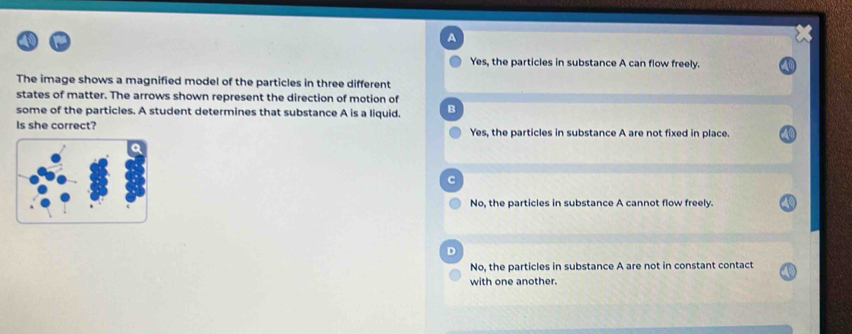 A
Yes, the particles in substance A can flow freely.
The image shows a magnified model of the particles in three different
states of matter. The arrows shown represent the direction of motion of
some of the particles. A student determines that substance A is a liquid. B
Is she correct? Yes, the particles in substance A are not fixed in place.
C
No, the particles in substance A cannot flow freely.
D
No, the particles in substance A are not in constant contact
with one another.