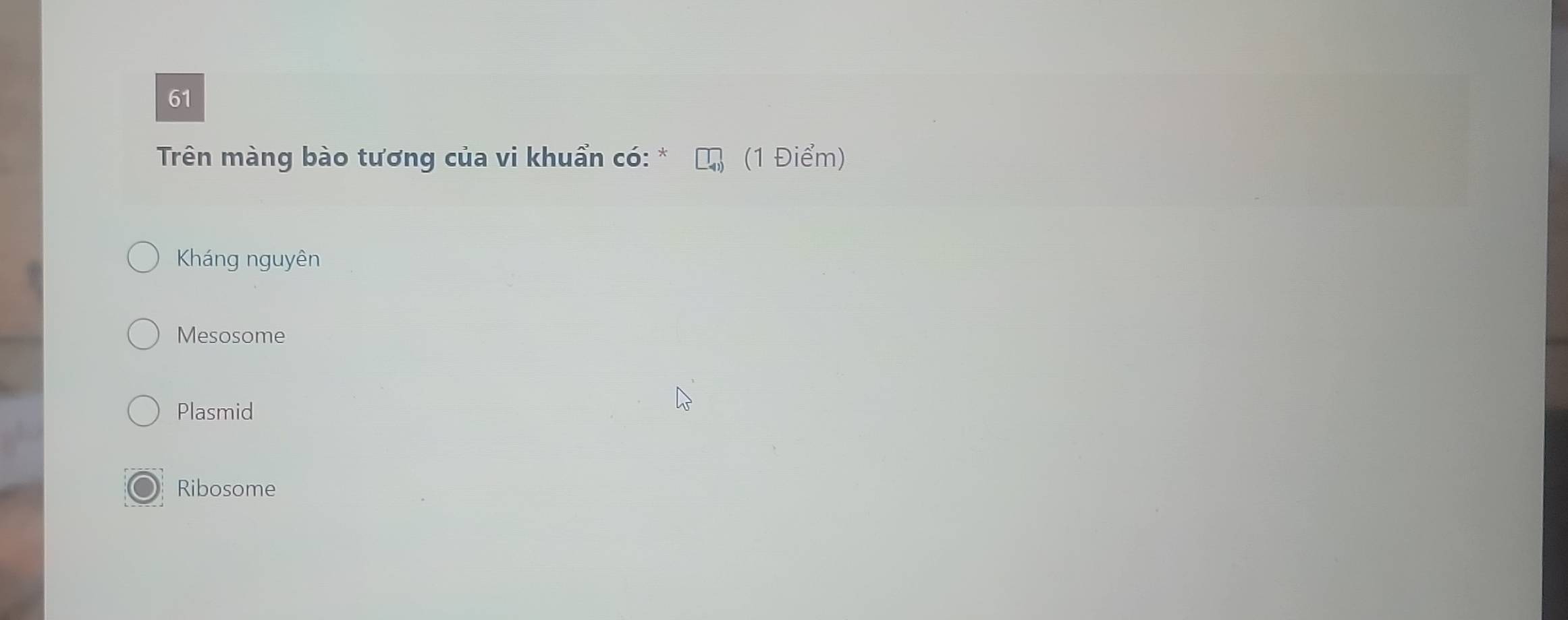 Trên màng bào tương của vi khuẩn có: (1 Điểm)
Kháng nguyên
Mesosome
Plasmid
Ribosome