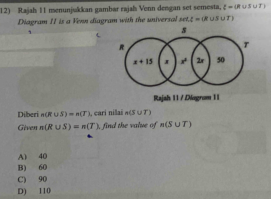 Rajah 11 menunjukkan gambar rajah Venn dengan set semesta, xi =(R∪ S∪ T)
Diagram 11 is a Venn diagram with the universal set,xi =(R∪ S∪ T)
Rajah 11 / Diagram 11
Diberi n(R∪ S)=n(T) , cari nilai n(S∪ T)
Given n(R∪ S)=n(T) , find the value of n(S∪ T)
A) 40
B) 60
C) 90
D) 110