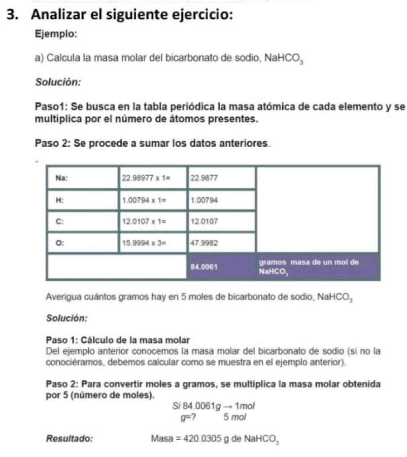 Analizar el siguiente ejercicio:
Ejemplo:
a) Calcula la masa molar del bicarbonato de sodio, NaH |CO_3
Solución:
Paso1: Se busca en la tabla periódica la masa atómica de cada elemento y se
multiplica por el número de átomos presentes.
Paso 2: Se procede a sumar los datos anteriores.
Averigua cuántos gramos hay en 5 moles de bicarbonato de sodio, Nal HCO_3
Solución:
Paso 1: Cálculo de la masa molar
Del ejemplo anterior conocemos la masa molar del bicarbonato de sodio (si no la
conociéramos, debemos calcular como se muestra en el ejemplo anterior).
Paso 2: Para convertir moles a gramos, se multiplica la masa molar obtenida
por 5 (número de moles).
Si 84.0061gto 1mol
g= ? 5 mol
Resultado: Masa =420.0305g de NaHCO_3