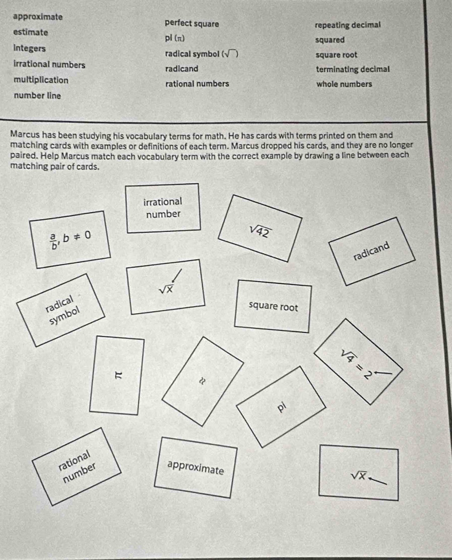 approximate perfect square
estimate repeating decimal
pl(π
squared
integers
radical symbol (sqrt()) square root
irrational numbers radicand
terminating decimal
multiplication rational numbers whole numbers
number line
Marcus has been studying his vocabulary terms for math. He has cards with terms printed on them and
matching cards with examples or definitions of each term. Marcus dropped his cards, and they are no longer
paired. Help Marcus match each vocabulary term with the correct example by drawing a line between each