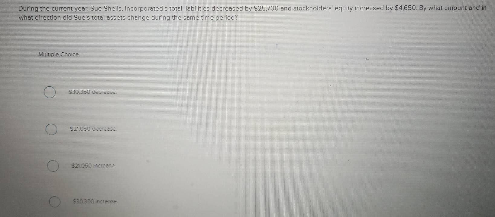 During the current year, Sue Shells, Incorporated's total liabilities decreased by $25,700 and stockholders' equity increased by $4,650. By what amount and in
what direction did Sue's total assets change during the same time period?
Multiple Choice
$30,350 decrease.
$21.050 decrease
$21,050 Increase
$30,350 increase.