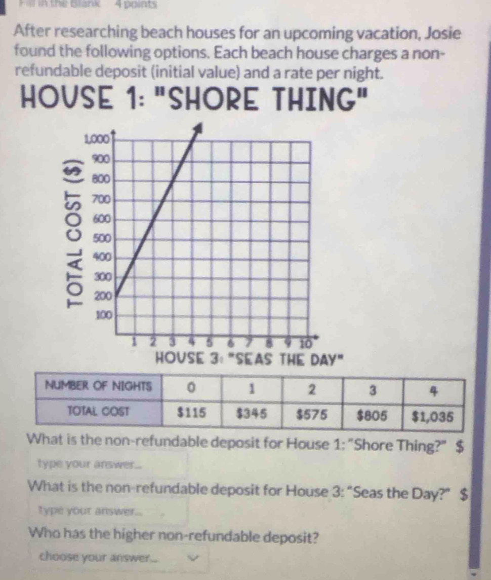 ll in the Blank 4 ppints 
After researching beach houses for an upcoming vacation, Josie 
found the following options. Each beach house charges a non- 
refundable deposit (initial value) and a rate per night. 
HOVSE 1: "SHORE THING" 
" 
What is the non-refundable deposit for House 1: "Shore Thing?" $
type your answer... 
What is the non-refundable deposit for House 3: “Seas the Day?” $
type your answer... 
Who has the higher non-refundable deposit? 
choose your answer...