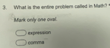 What is the entire problem called in Math? 
Mark only one oval.
expression
comma