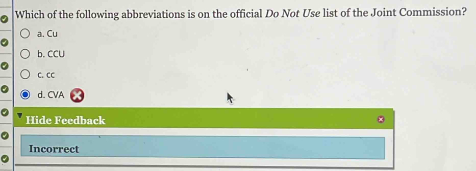 Which of the following abbreviations is on the official Do Not Use list of the Joint Commission?
a. Cu
b. CCU
C. CC
d. CVA
Hide Feedback
Incorrect