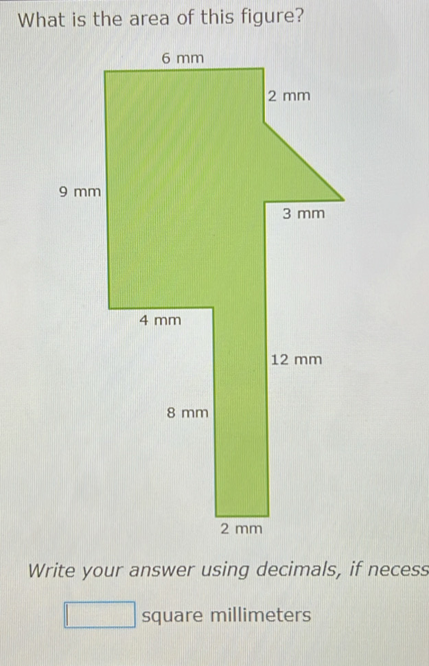 What is the area of this figure? 
Write your answer using decimals, if necess
square millimeters