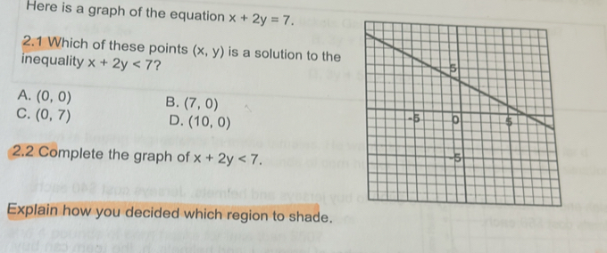 Here is a graph of the equation x+2y=7. 
2.1 Which of these points (x,y) is a solution to the
inequality x+2y<7</tex> ?
A. (0,0) B. (7,0)
C. (0,7)
D. (10,0)
2.2 Complete the graph of x+2y<7</tex>. 
Explain how you decided which region to shade.