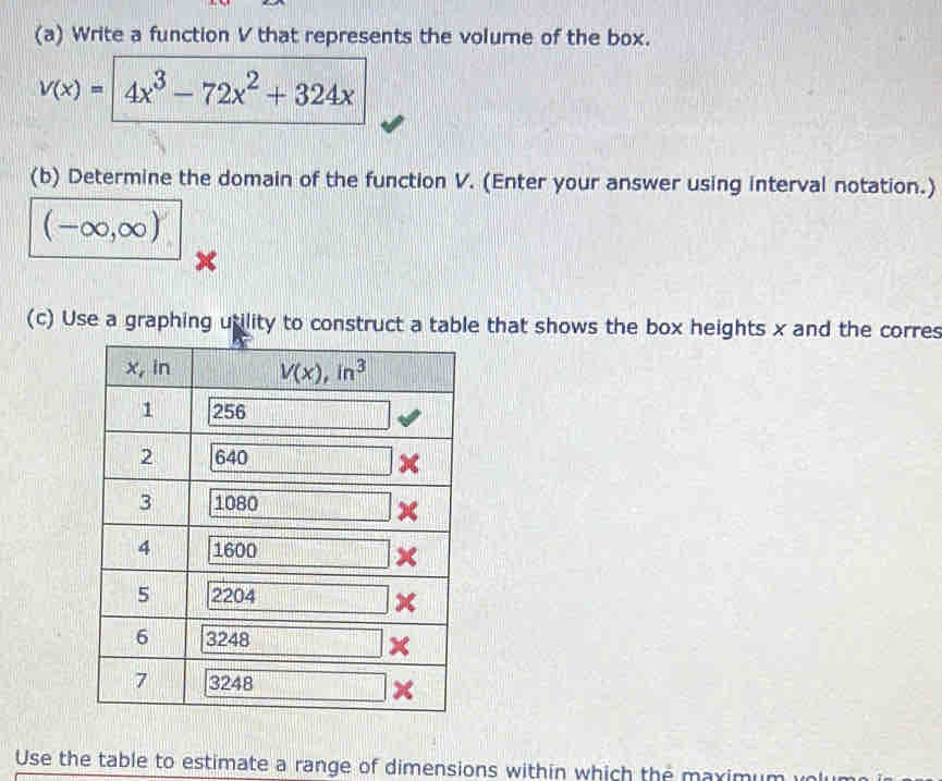 Write a function V that represents the volume of the box.
V(x)= | 4x^3-72x^2+324x
(b) Determine the domain of the function V. (Enter your answer using interval notation.)
(-∈fty ,∈fty )
(c) Use a graphing utility to construct a table that shows the box heights x and the corres
Use the table to estimate a range of dimensions within which the maximum