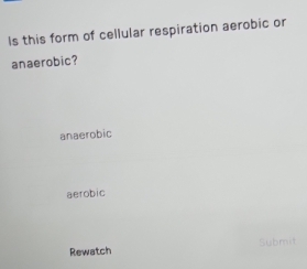 Is this form of cellular respiration aerobic or
anaerobic?
anaerobic
aerobic
Rewatch Submit