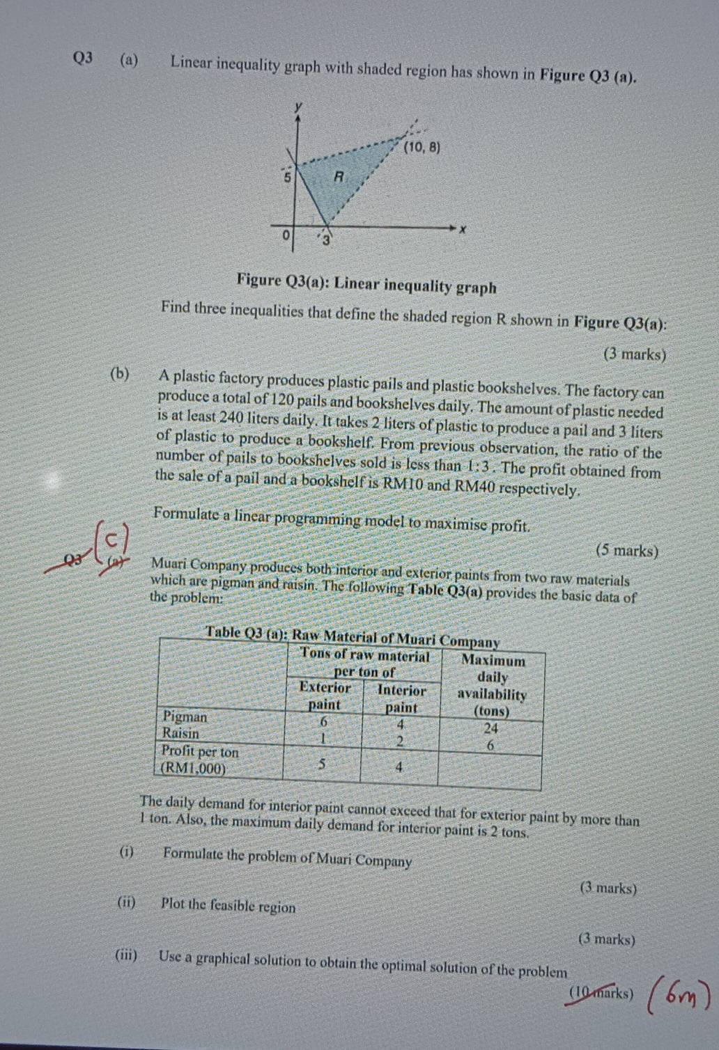 Linear inequality graph with shaded region has shown in Figure Q3 (a).
Figure Q3(a) : Linear inequality graph
Find three inequalities that define the shaded region R shown in Figure Q3(a):
(3 marks)
(b) A plastic factory produces plastic pails and plastic bookshelves. The factory can
produce a total of 120 pails and bookshelves daily. The amount of plastic needed
is at least 240 liters daily. It takes 2 liters of plastic to produce a pail and 3 liters
of plastic to produce a bookshelf. From previous observation, the ratio of the
number of pails to bookshelves sold is less than 1:3. The profit obtained from
the sale of a pail and a bookshelf is RM10 and RM40 respectively.
Formulate a linear programming model to maximise profit.
(5 marks)
Muari Company produces both interior and exterior paints from two raw materials
which are pigman and raisin. The following Table Q3(a) provides the basic data of
the problem:
The daily demand for interior paint cannot exceed that for exterior paint by more than
1 ton. Also, the maximum daily demand for interior paint is 2 tons.
(i) Formulate the problem of Muari Company
(3 marks)
(ii) Plot the feasible region
(3 marks)
(iii) Use a graphical solution to obtain the optimal solution of the problem
(10 marks)