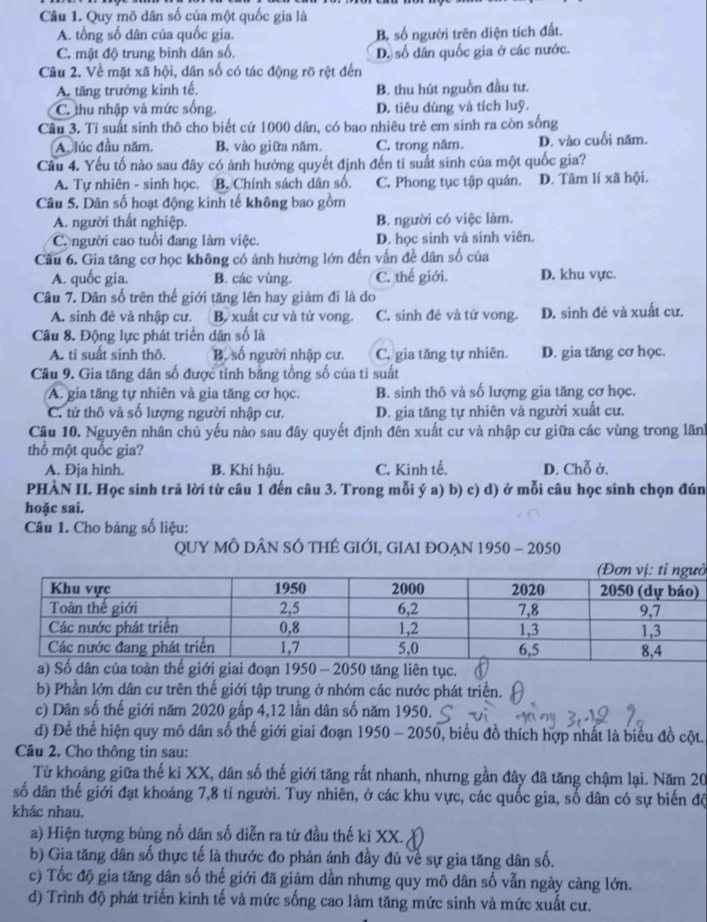 Quy mô dân số của một quốc gia là
A. tổng số dân của quốc gia. B. số người trên diện tích đất.
C. mật độ trung bình dân số. D. số dân quốc gia ở các nước.
Câu 2. Về mặt xã hội, dân số có tác động rõ rệt đến
A. tăng trưởng kinh tế, B. thu hút nguồn đầu tư.
C. thu nhập và mức sống. D. tiêu dùng và tích luỹ.
Câu 3. Ti suất sinh thô cho biết cứ 1000 dân, có bao nhiêu trẻ em sinh ra còn sống
Aplúc đầu năm. B. vào giữa năm. C. trong năm. D. vào cuối năm.
Câu 4. Yếu tố nào sau đây có ảnh hưởng quyết định đến tỉ suất sinh của một quốc gia?
A. Tự nhiên - sinh học. B. Chính sách dân số. C. Phong tục tập quán. D. Tâm lí xã hội.
Câu 5. Dân số hoạt động kinh tế không bao gồm
A. người thất nghiệp. B. người có việc làm.
C. người cao tuổi đang làm việc. D. học sinh và sinh viên.
Câu 6. Gia tăng cơ học không có ảnh hưởng lớn đến vấn đề dân số của
A. quốc gia. B. các vùng. C. thế giới. D. khu vực.
Câu 7. Dân số trên thế giới tăng lên hay giảm đi là do
A. sinh đẻ và nhập cư. B. xuất cư và tử vong. C. sinh đẻ và tử vong. D. sinh đẻ và xuất cư.
Câu 8. Động lực phát triển dân số là
A. tỉ suất sinh thô B. số người nhập cư. C. gia tăng tự nhiên. D. gia tăng cơ học.
Câu 9. Gia tăng dân số được tính bằng tổng số của tỉ suất
A. gia tăng tự nhiên và gia tăng cơ học. B. sinh thô và số lượng gia tăng cơ học.
C. từ thô và số lượng người nhập cư. D. gia tăng tự nhiên và người xuất cư.
Câu 10. Nguyên nhân chủ yếu nào sau đây quyết định đên xuất cư và nhập cư giữa các vùng trong lãnh
thổ một quốc gia?
A. Địa hình. B. Khí hậu. C. Kinh tế. D. Chỗ ở.
PHÀN II. Học sinh trả lời từ câu 1 đến câu 3. Trong mỗi ý a) b) c) d) ở mỗi câu học sinh chọn đún
hoặc sai.
Câu 1. Cho bảng số liệu:
QUY MÔ DÂN SÔ THÉ GIỚI, GIAI ĐOẠN 1950 - 2050
ờ
tăng liên tục.
b) Phần lớn dân cư trên thế giới tập trung ở nhóm các nước phát triển.
c) Dân số thế giới năm 2020 gấp 4,12 lần dân số năm 1950.
d) Để thể hiện quy mô dân số thế giới giai đoạn 1950 - 2050, biểu đồ thích hợp nhất là biểu đồ cột.
Câu 2. Cho thông tin sau:
Từ khoảng giữa thế ki XX, dân số thế giới tăng rất nhanh, nhưng gần đây đã tăng chậm lại. Năm 20
số dân thế giới đạt khoảng 7,8 tỉ người. Tuy nhiên, ở các khu vực, các quốc gia, số dân có sự biến độ
khác nhau.
a) Hiện tượng bùng nổ dân số diễn ra từ đầu thế ki XX.
b) Gia tăng dân số thực tế là thước đo phản ánh đầy đủ về sự gia tăng dân số.
c) Tốc độ gia tăng dân số thế giới đã giảm dẫn nhưng quy mô dân số vẫn ngày càng lớn.
d) Trình độ phát triển kinh tế và mức sống cao làm tăng mức sinh và mức xuất cư.