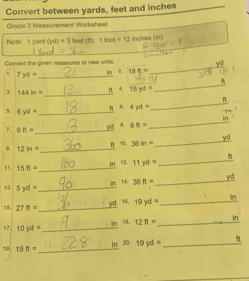 Solved: Convert between yards, feet and inches Grade 3 Measurement ...