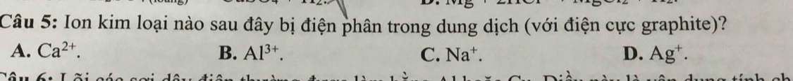 Ion kim loại nào sau đây bị điện phân trong dung dịch (với điện cực graphite)?
A. Ca^(2+). B. Al^(3+). C. Na^+. D. Ag^+.