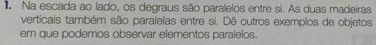 Na escada ao lado, os degraus são paralelos entre si. As duas madeiras 
verticais também são paralelas entre si. Dê outros exemplos de objetos 
em que podemos observar elementos paralelos.