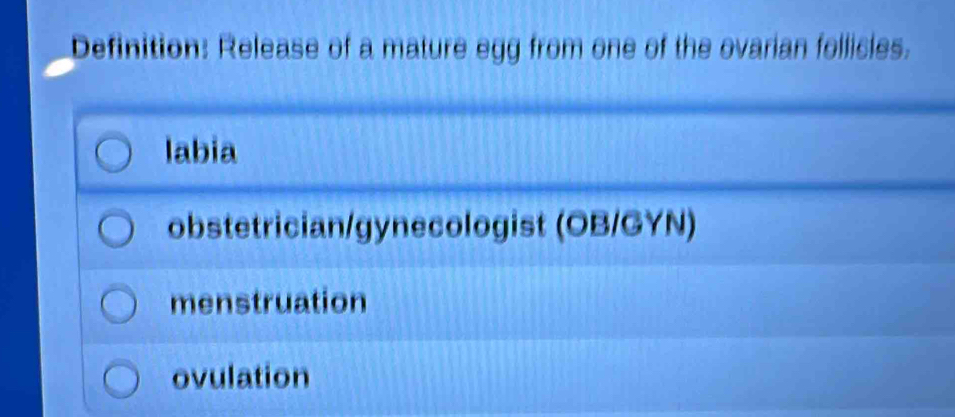 Definition: Release of a mature egg from one of the ovarian follicles.
labia
obstetrician/gynecologist (OB/GYN)
menstruation
ovulation