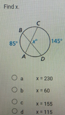 Find x.
a x=230
b x=60
C x=155
d x=115