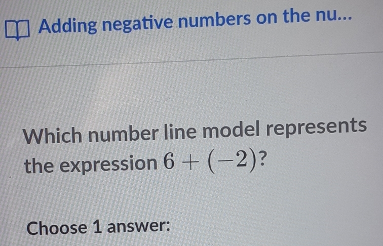 Adding negative numbers on the nu... 
Which number line model represents 
the expression 6+(-2) ? 
Choose 1 answer: