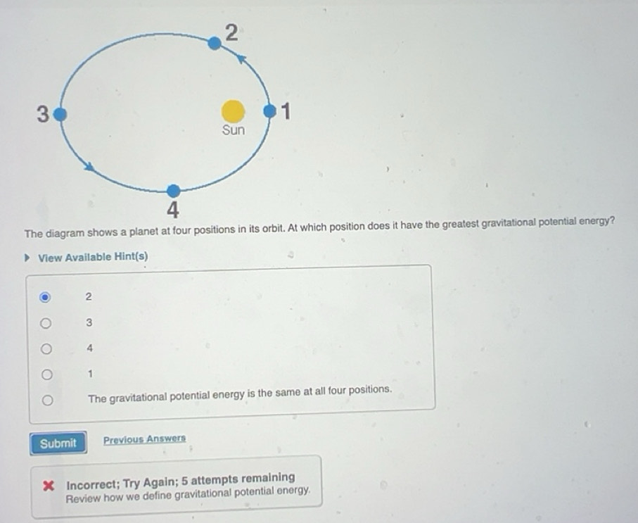 Solved: The diagram shows a planet at four positions in its orbit. At ...