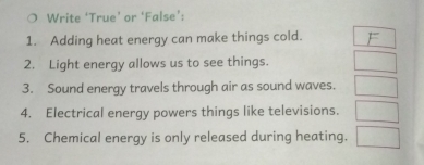 Write ‘True’ or ‘False’: 
1. Adding heat energy can make things cold. a 
2. Light energy allows us to see things. 
3. Sound energy travels through air as sound waves. □  
4. Electrical energy powers things like televisions. □ 
5. Chemical energy is only released during heating. □