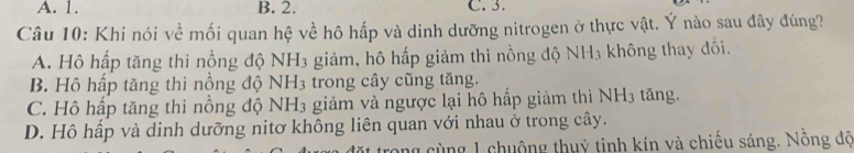 A. 1. B. 2. C. 3.
Câu 10: Khi nói về mối quan hệ về hô hấp và dinh dưỡng nitrogen ở thực vật. Ý nào sau đây đúng?
A. Hô hấp tăng thì nồng độ NH_3 giảm, hô hấp giảm thì nồng độ NH₃ không thay đổi.
B. Hô hấp tăng thì nồng độ NH_3 trong cây cũng tăng.
C. Hô hấp tăng thì nồng độ NH_3 giảm và ngược lại hô hấp giảm thì NH_3 tǎng.
D. Hồ hấp và dinh dưỡng nitơ không liên quan với nhau ở trong cây.
cong cùng 1 chuộng thuỷ tinh kín và chiếu sáng. Nồng độ