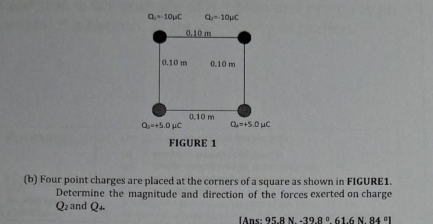 Q_1=-10mu C Q_2=-10mu C
0.10 m
0.10 m 0.10 m
0.10 m
Q_3=+5.0mu C
Q_A=+5.0mu C
FIGURE 1 
(b) Four point charges are placed at the corners of a square as shown in FIGURE1. 
Determine the magnitude and direction of the forces exerted on charge
Q_2 and Q_4. 
[Ans: 95.8N y -39.8^0. _ □  6 |6 N.84°1