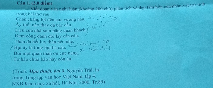 (2,0 điểm) 
Viết đoạn văn nghị luận (khoảng 200 chữ) phân tích vẻ đẹp tâm hồn của nhân vật trữ tình 
trong bài thơ sau: 
Chân chẳng lọt đến cửa vương hầu, 
Áy tuổi nào thay đã bạc đầu. 
Liệu cửa nhà xem bằng quán khách, 
Đem công danh đổi lấy cần câu. 
Thân đà hết luỵ thân nên nhẹ, 
Bụt ẩy là lòng bụt há cầu. 
Bui một quân thân ơn cực nặng, 
Tơ hảo chưa báo hãy còn âu. 
(Trích: Mạn thuật, bài 8, Nguyễn Trãi, in 
trong Tổng tập văn học Việt Nam, tập 4, 
NXB Khoa học xã hội, Hà Nội, 2000, Tr. 89)