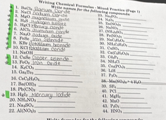 Writing Chemical Formulas - Mixed Practice (Page 1)
1、 BaCl₉  Write names for the following compounds: Na_3PO_4
2. NaCl
3. MgO 4、 N_9O_5 _
4、 H₂S _[]
_
25. Zn(NO_3)_3
26. NaNO_3
5. HgCl Meycurl _r  e 27、 (NH_4)_9SO_4 __
6    C l  A  u 
c l  
28. Fe(NO_3)_3
7. NagO Sodiun __le_ 29. NaC_2H_3O_2 __
8. FeSe _I
  
_
_
9. KBr Potossn _  
_
30. NH_4C_2H_3O_8
31.
10. KCl olassium  C CuSO_4 _
_
11. NaOH_ 3. Ca(C_2H_3O_2)_2
_
12. CuSe 33. Cd_3P_9
34. NH_4Cl
_
_
13. FeO_2 _35._
14. K_2CO_3 Co_3(PO_4)_2 _
_
15. Ga_2To_3 36. LiH _
37. P_2O_3
16. CaC_2H_3O_2
_
_38. Mn(NO_3)_ato 4H_2O _
_
17. Ba(OH)_2 _39. SF_a
18. Pb(CN)_2 _40、 PCl_
19. HgI_2_ M6 _41、 MgH_2 _
20. NH_4NO_3 _42. MnO _
21. Na_2SO_4 _43. P_2O_3 _
22. Al(NO_2)_3 _44. HNO_3 _