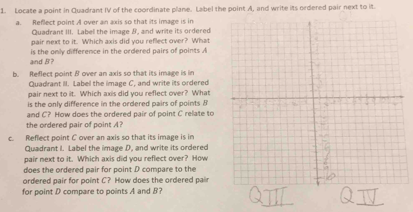 Locate a point in Quadrant IV of the coordinate plane. Label the point A, and write its ordered pair next to it. 
a. Reflect point A over an axis so that its image is in 
Quadrant III. Label the image B, and write its ordered 
pair next to it. Which axis did you reflect over? What 
is the only difference in the ordered pairs of points A
and B? 
b. Reflect point B over an axis so that its image is in 
Quadrant II. Label the image C, and write its ordered 
pair next to it. Which axis did you reflect over? What 
is the only difference in the ordered pairs of points B
and C? How does the ordered pair of point C relate to 
the ordered pair of point A? 
c. Reflect point C over an axis so that its image is in 
Quadrant I. Label the image D, and write its ordered 
pair next to it. Which axis did you reflect over? How 
does the ordered pair for point D compare to the 
ordered pair for point C? How does the ordered pair 
for point D compare to points A and B?