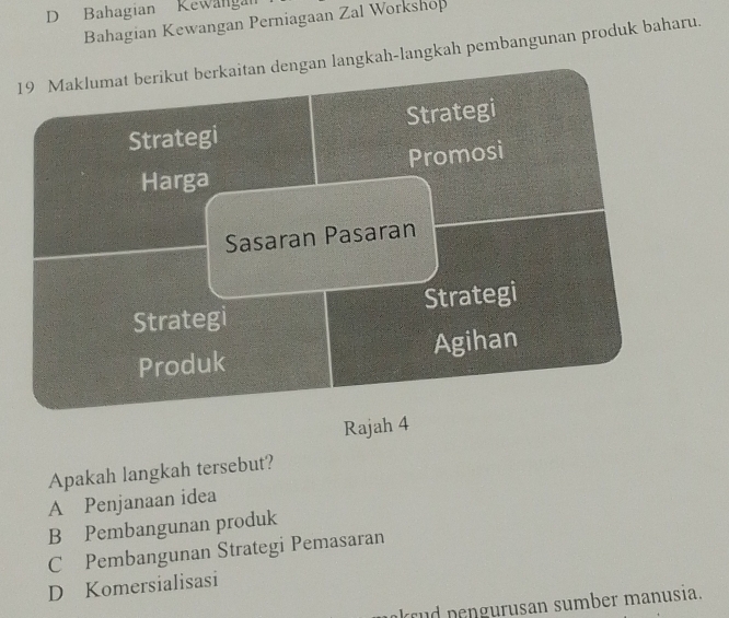 Bahagian Rewangan
Bahagian Kewangan Perniagaan Zal Workshop
19 Maklumat berikut berkaitan dengan langkah-langkah pembangunan produk baharu.
Strategi Strategi
Harga Promosi
Sasaran Pasaran
Strategi Strategi
Produk Agihan
Rajah 4
Apakah langkah tersebut?
A Penjanaan idea
B Pembangunan produk
C Pembangunan Strategi Pemasaran
D Komersialisasi
r n n urusan sumber manusia.