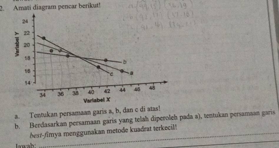 Amati diagram pencar berikut! 
a. Tentukan persamaan garis a, b, dan c di atas! 
b. Berdasarkan persamaan garis yang telah diperoleh pada a), tentukan persamaan garis 
_ 
best-fimya menggunakan metode kuadrat terkecil! 
Iawab: 
_ 
_