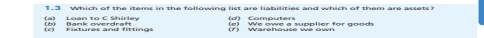 1.3 Which of the items in the following list are liabilities and which of them are assets?
(6) Bank overdraft (a) Loan to C Shirley Fixtures and fittings (d) Computers (f) Warehouse we own (e) We owe a supplier for goods
(c)