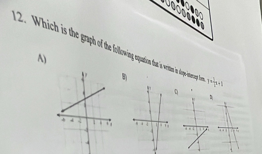 Which is the grap of the following quation that is written in slope-intercept for y= 1/2 x+3
A)
B)
q
D
4 4 ξ at 
4