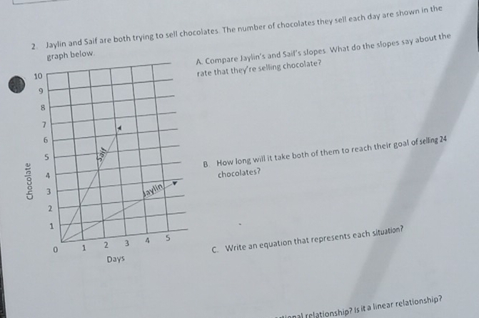Jaylin and Saif are both trying to sell chocolates. The number of chocolates they sell each day are shown in the 
A. Compare Jaylin's and Saif’s slopes. What do the slopes say about the 
ow. 
rate that they're selling chocolate? 
B. How long will it take both of them to reach their goal of selling 24
chocolates? 
C. Write an equation that represents each situation? 
onal relationship? Is it a linear relationship?