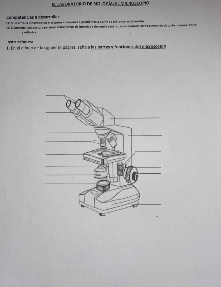 El laborATorio de BIología: el MicroSCopio 
Competencias a desarrollar: 
CG 5 Desarrolla innovaciones y propone soluciones a problemas a partir de métodos establecidos. 
CG 6 Sustenta una postura personal sobre temas de interés y relevancia general, considerando otros puntos de vista de manera crítica 
y reflexiva. 
Instrucciones: 
1. En el dibujo de la siguiente página, señala las partes y funciones del microscopio