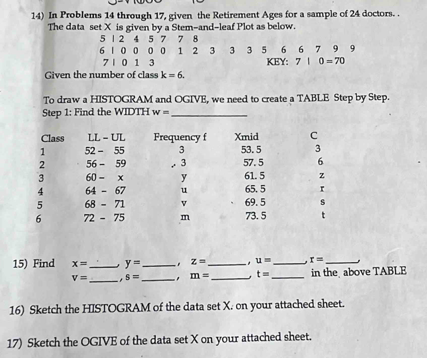 In Problems 14 through 17, given the Retirement Ages for a sample of 24 doctors. . 
The data set X is given by a Stem-and-leaf Plot as below.
5 1 2 4 5 7 7 8
6 | 0 0 0 0 1 2 3 3 3 5 6 6 7 9 9
7 | 0 1 3 KEY: 7 | 0=70
Given the number of class k=6. 
To draw a HISTOGRAM and OGIVE, we need to create a TABLE Step by Step. 
Step 1 : Find the WIDTH w= _ 
15) Find x= _ y= _ z= _ u= _ , r= _
v= _ s= _ m= _ t= _ in the above TABLE 
16) Sketch the HISTOGRAM of the data set X. on your attached sheet. 
17) Sketch the OGIVE of the data set X on your attached sheet.